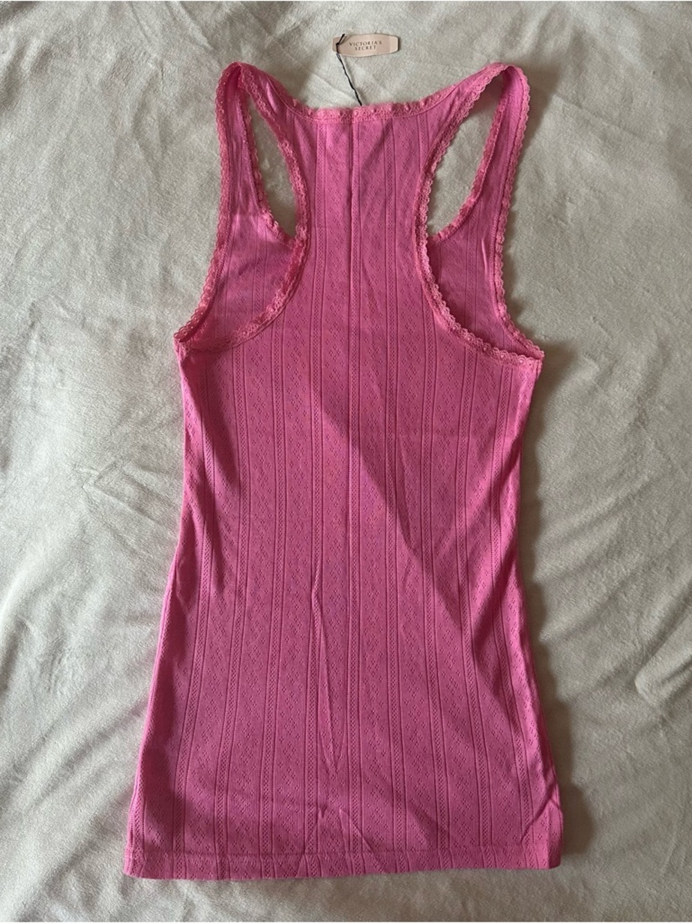 PINK Victoria's Secret Hot Pink Ribbed Lace-Trim Tank Y2K - Picture 3 of 7